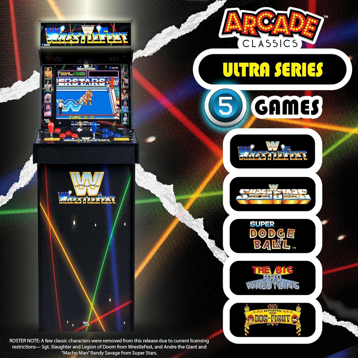 Classic WWE Arcade Cabinet, 5 Built-In Games, 17" LCD Display, Retro Game Room or Basement Decor - NEW