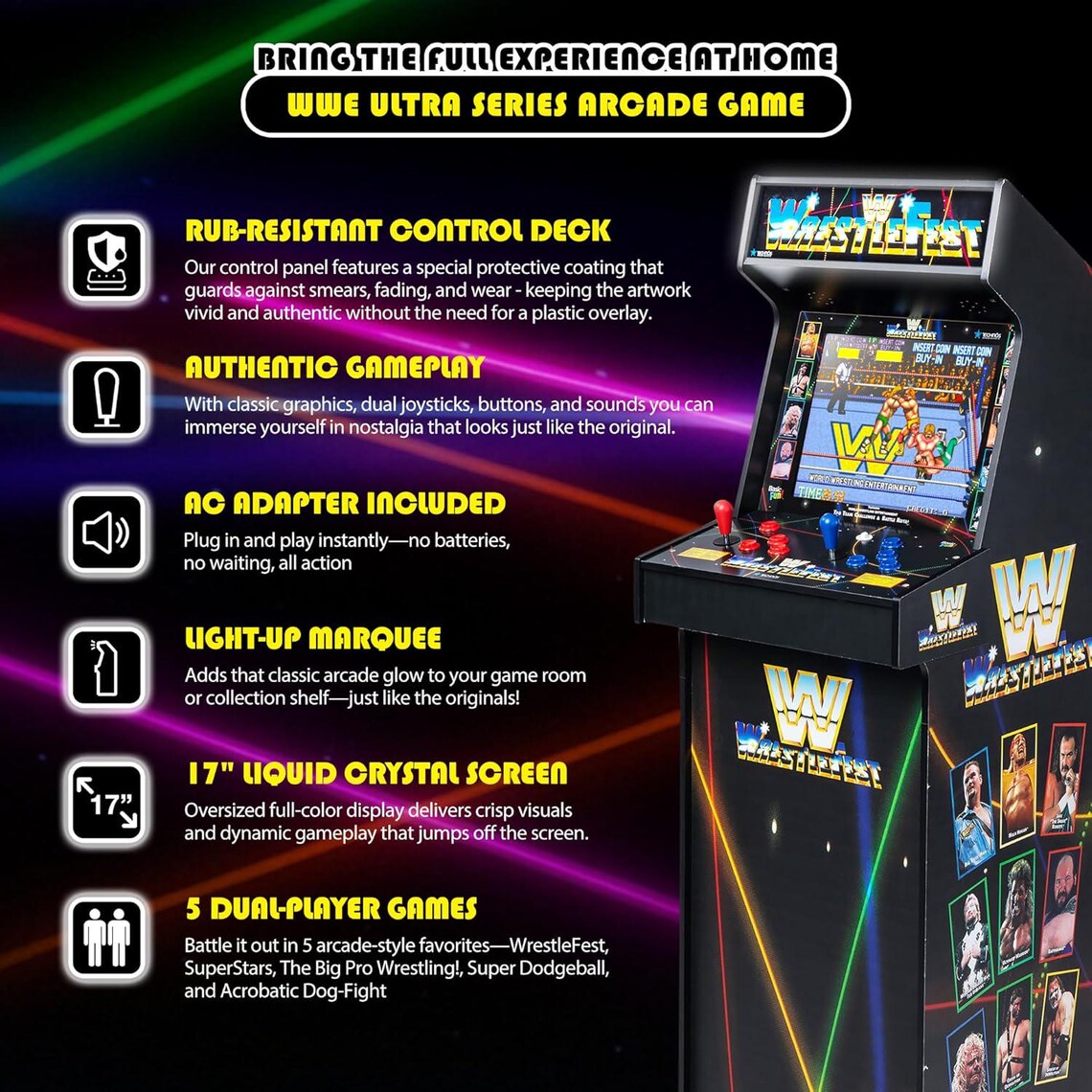 Classic WWE Arcade Cabinet, 5 Built-In Games, 17" LCD Display, Retro Game Room or Basement Decor - NEW