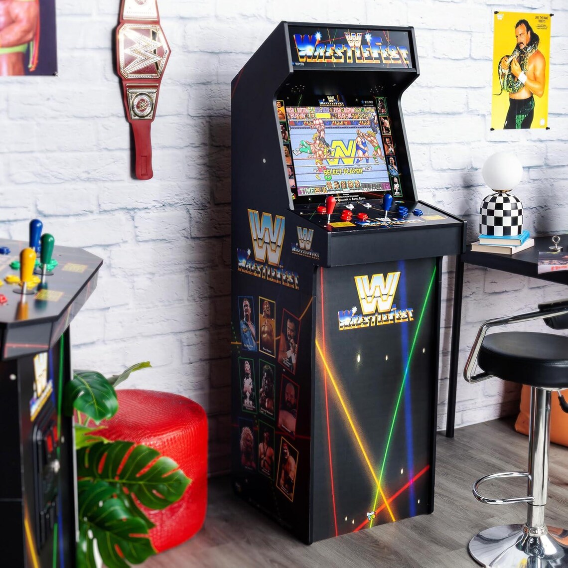 Classic WWE Arcade Cabinet, 5 Built-In Games, 17" LCD Display, Retro Game Room or Basement Decor - NEW