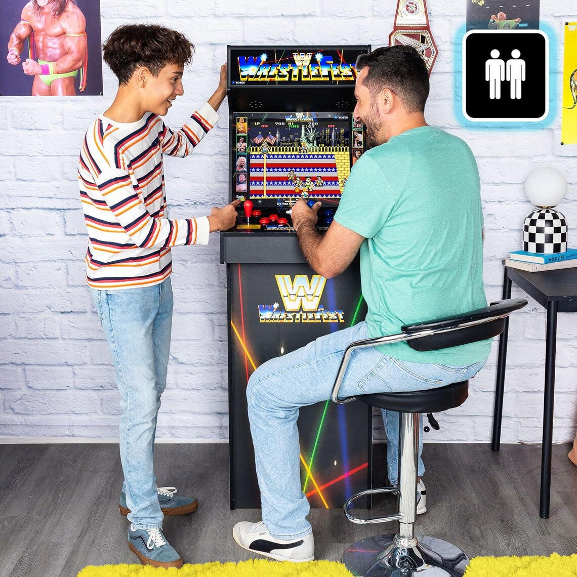 Classic WWE Arcade Cabinet, 5 Built-In Games, 17" LCD Display, Retro Game Room or Basement Decor - NEW
