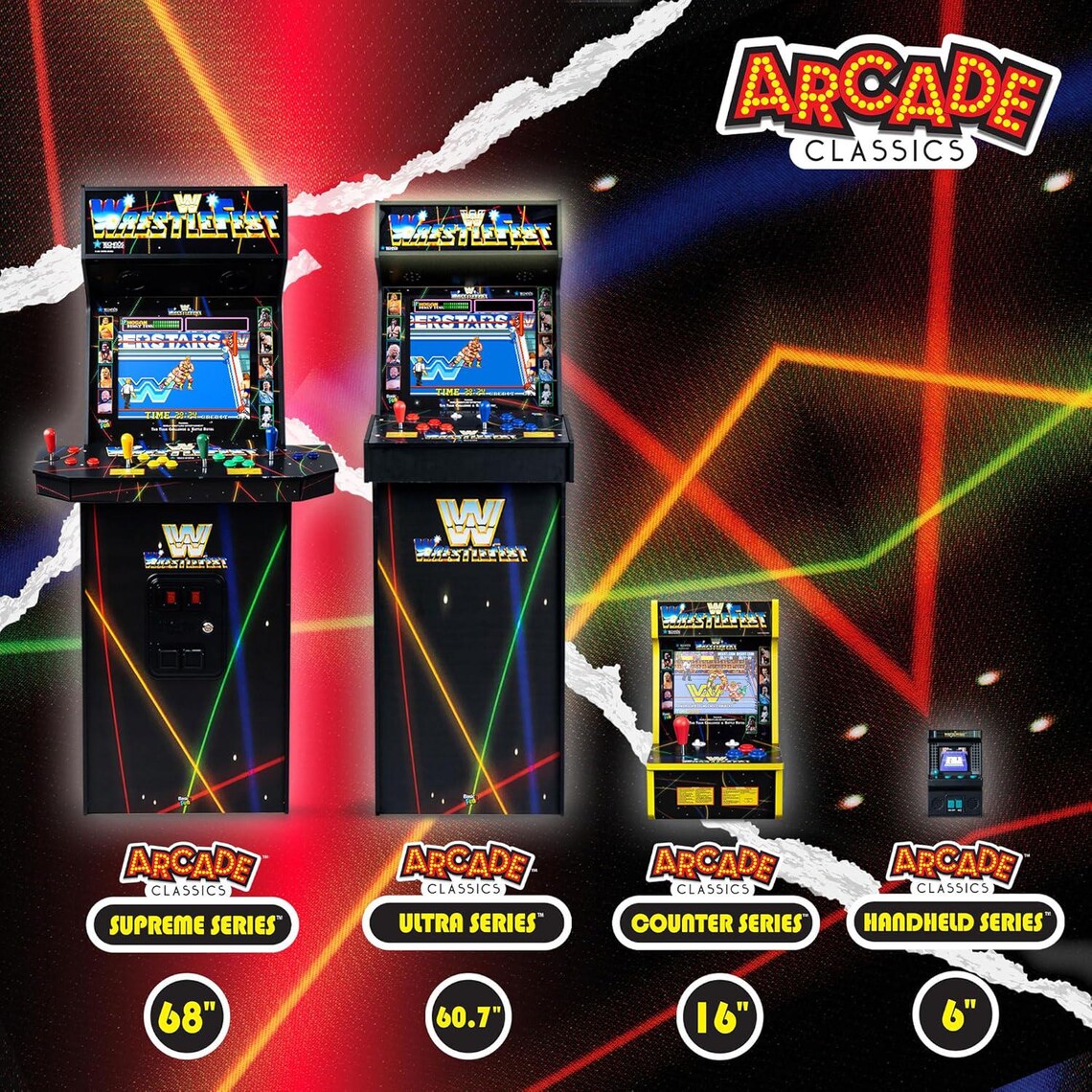 Classic WWE Arcade Cabinet, 5 Built-In Games, 17" LCD Display, Retro Game Room or Basement Decor - NEW