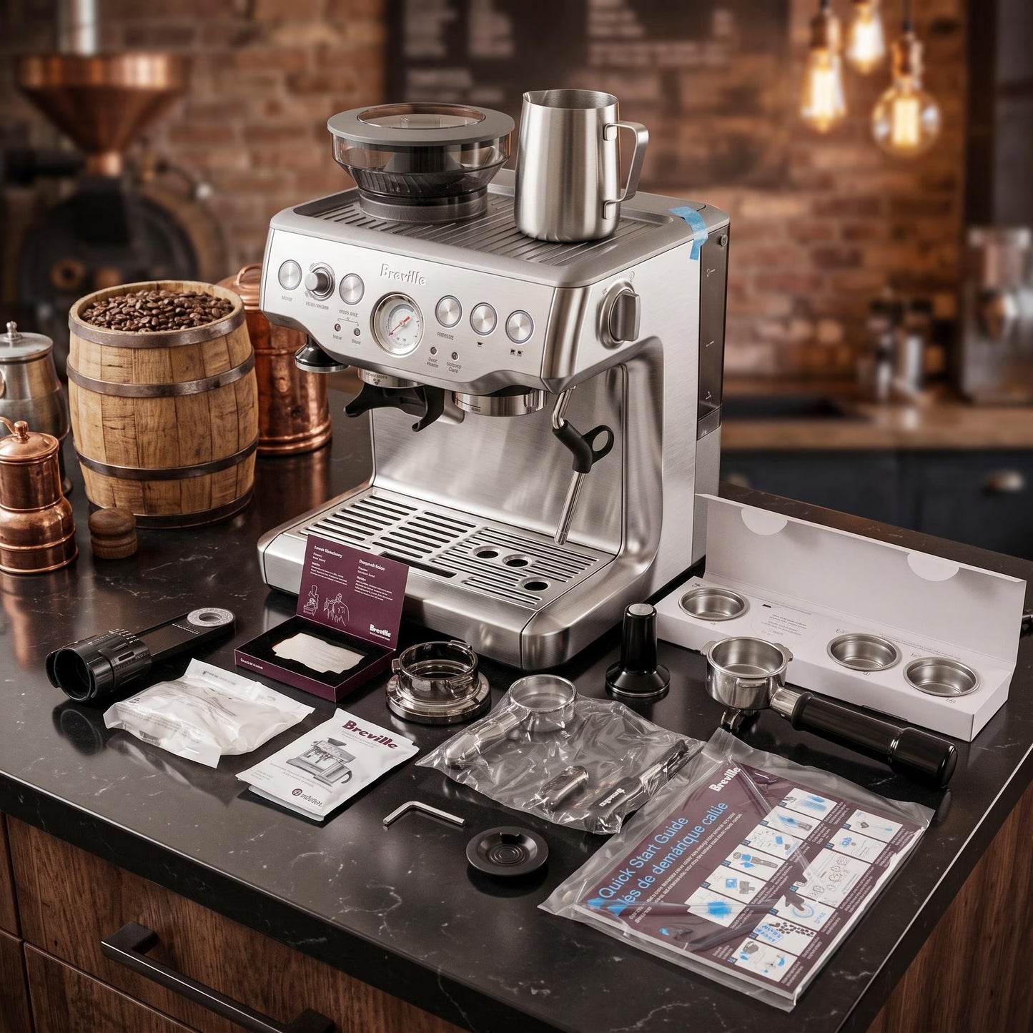 Breville Stainless Steel Barista Express Espresso Machine Light Silver BES870XL: 15 Bars Pressure, Milk Frother, Grinder-Black