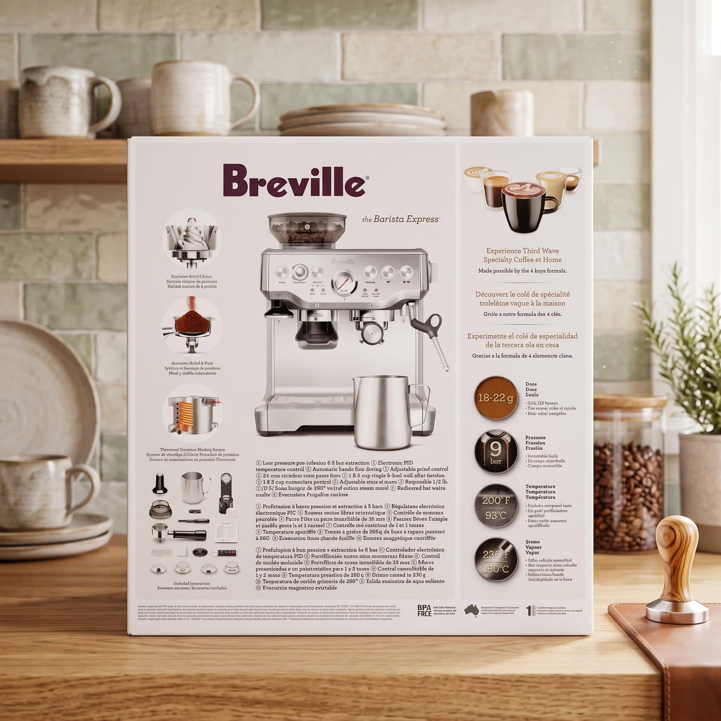 Breville Stainless Steel Barista Express Espresso Machine Light Silver BES870XL: 15 Bars Pressure, Milk Frother, Grinder-Black